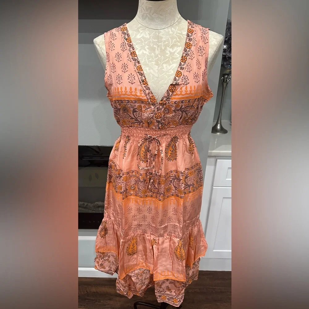 Chaudry KC 100% Silk Coral Ruffle Floral Sleeveless Dress Size M - Picture 4 of 7